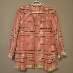 Vilagallo Plaid Multicolored Textured Woven Fringe Trim Open Jacket Cardigan